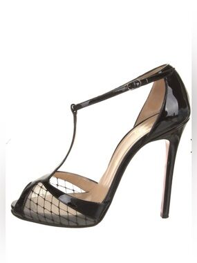 Louboutin Black Patent Leather Mesh Lagoula T-Strap Pumps